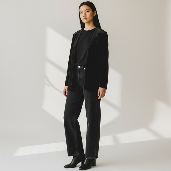 Calvin Klein Luxe Black Velvet Sharp Shoulder Collareless blazer Womens 6 P - Picture 1 of 16